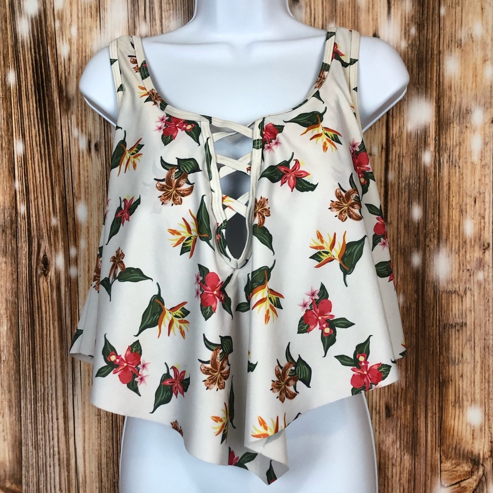 Shein White and Floral Tankini Swim Top